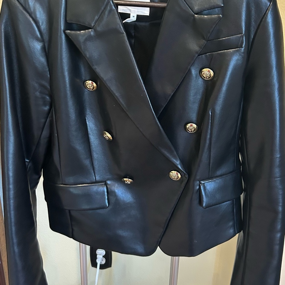 Avec Les Filles Black Leather Blazer Structured Design